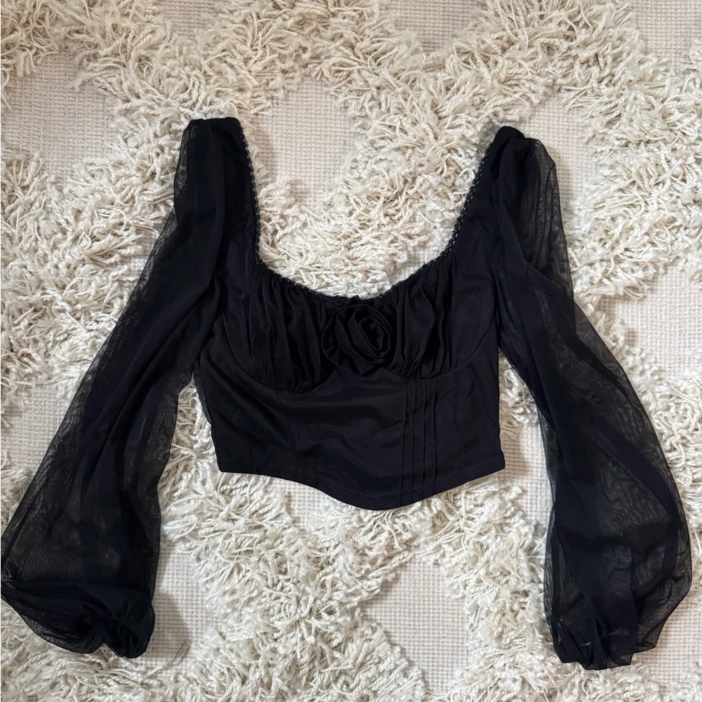 2/$25 SALE - Lulu's Black Sheer Sleeve Cropped Blouse